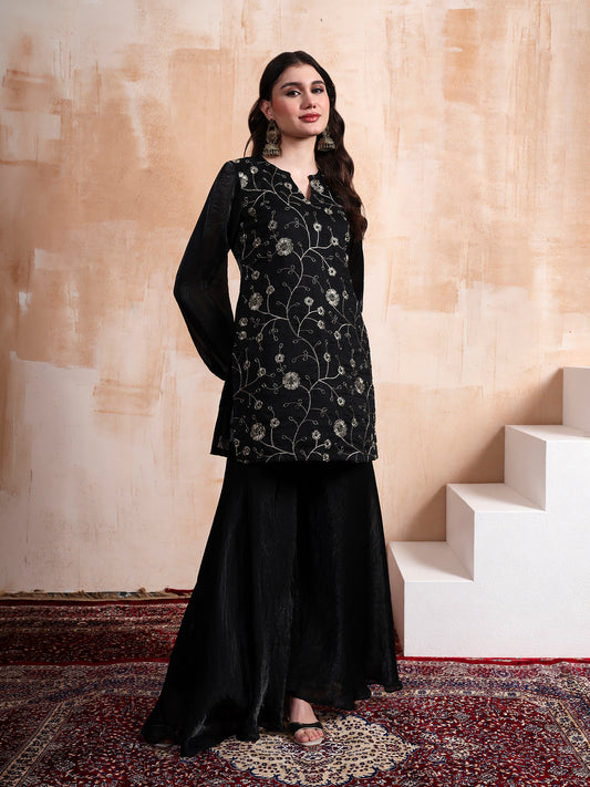Black Fendy Embroidered Kurta with Sharara
