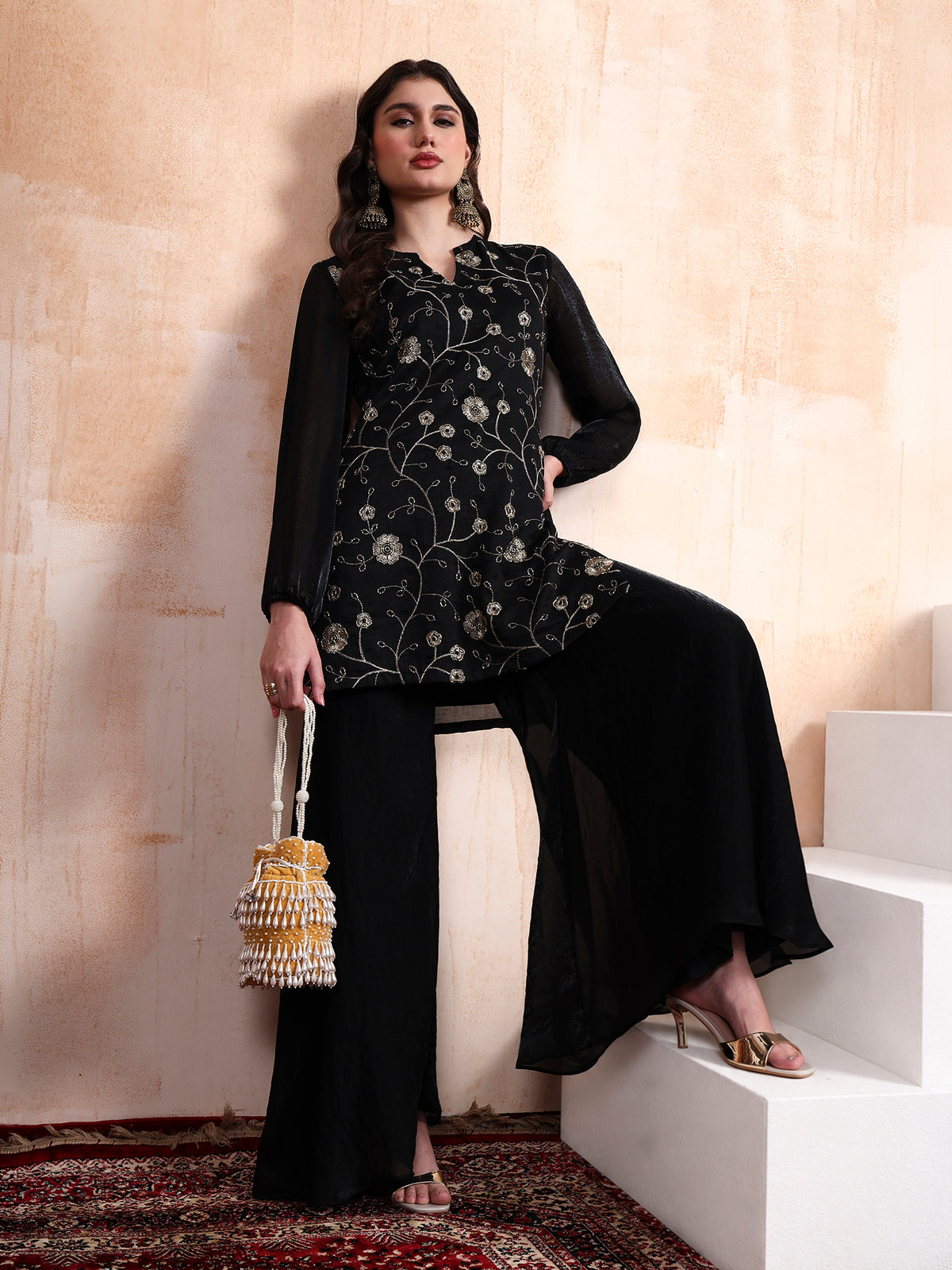 Black Fendy Embroidered Kurta with Sharara