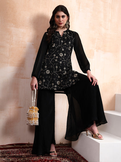 Black Fendy Embroidered Kurta with Sharara