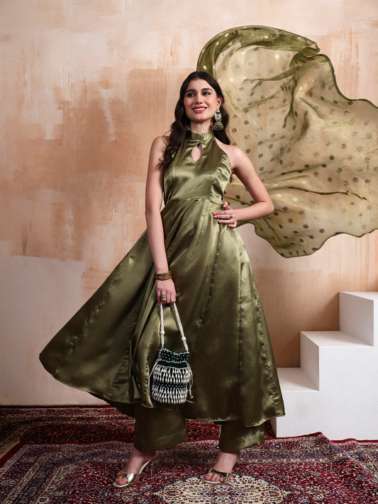 Olive Anarkali Set with Chanderi Silk Dupatta