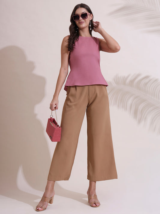 Pink Poplin Sleeveless Back Tie-up Top