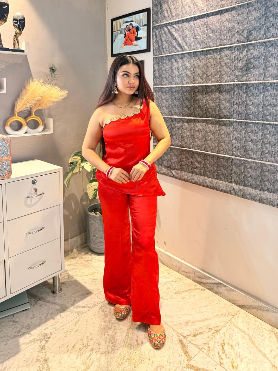 Red One Shoulder Embellished Tunic with Pants