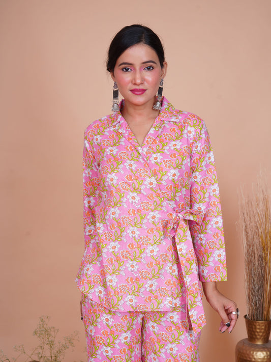 Kantha Embroidered Pink Floral Side Tie-up Blazer