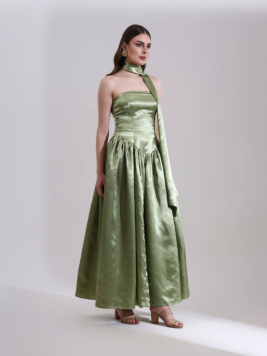 Sage Victoria Satin Fit and Flare Dress