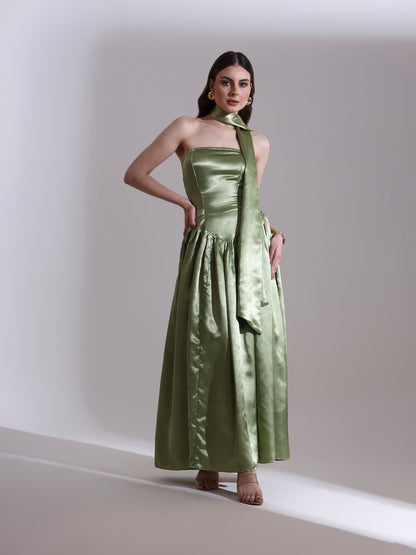 Sage Victoria Satin Fit and Flare Dress