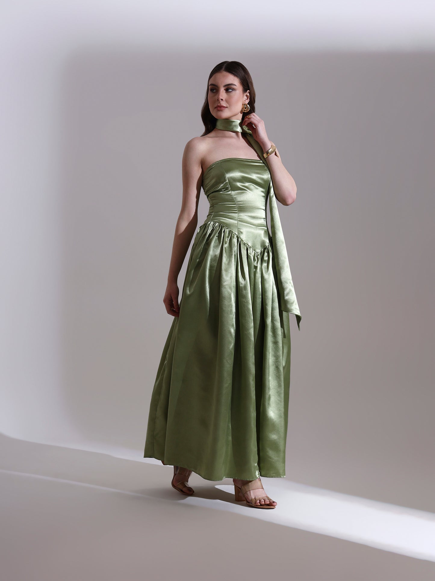 Sage Victoria Satin Fit and Flare Dress