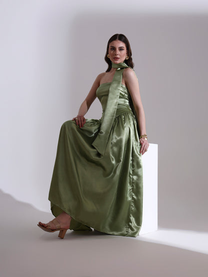 Sage Victoria Satin Fit and Flare Dress