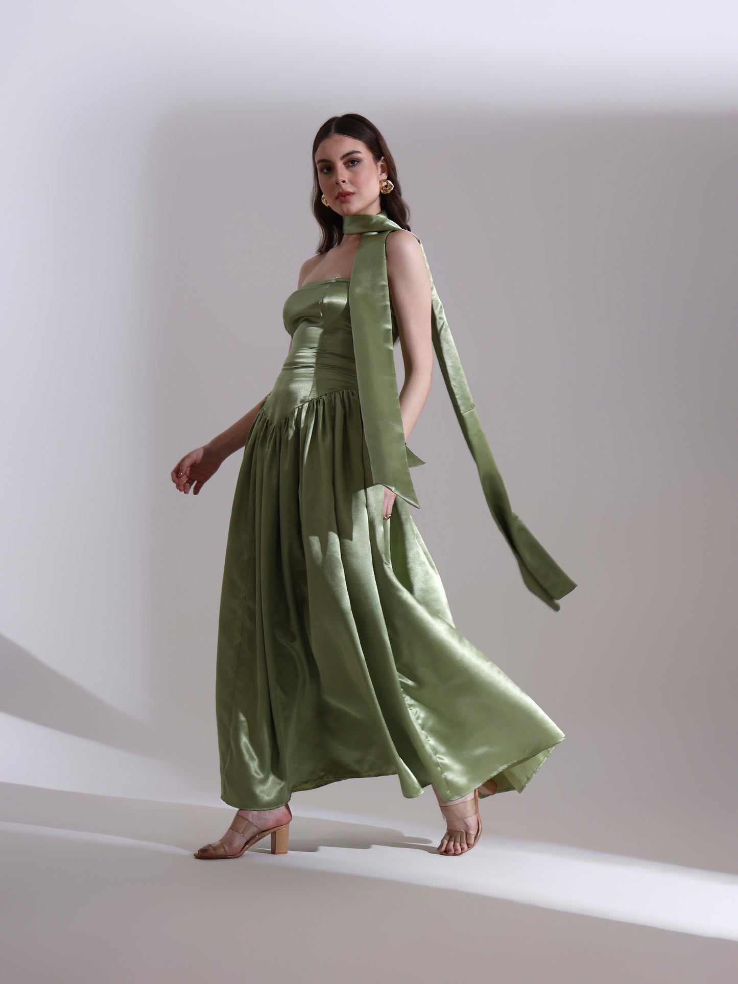 Sage Victoria Satin Fit and Flare Dress