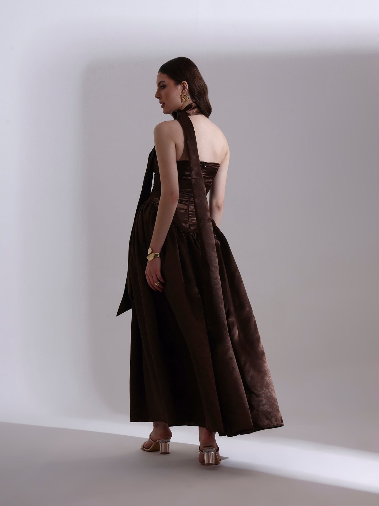 Coffee Victoria Satin Fit and Flare Dress