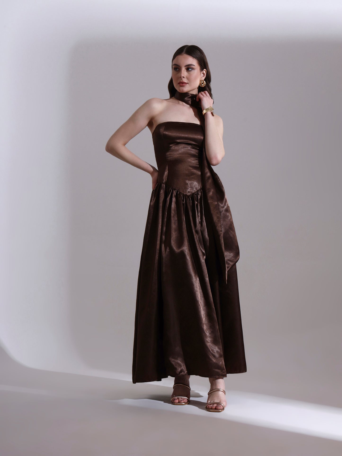 Coffee Victoria Satin Fit and Flare Dress