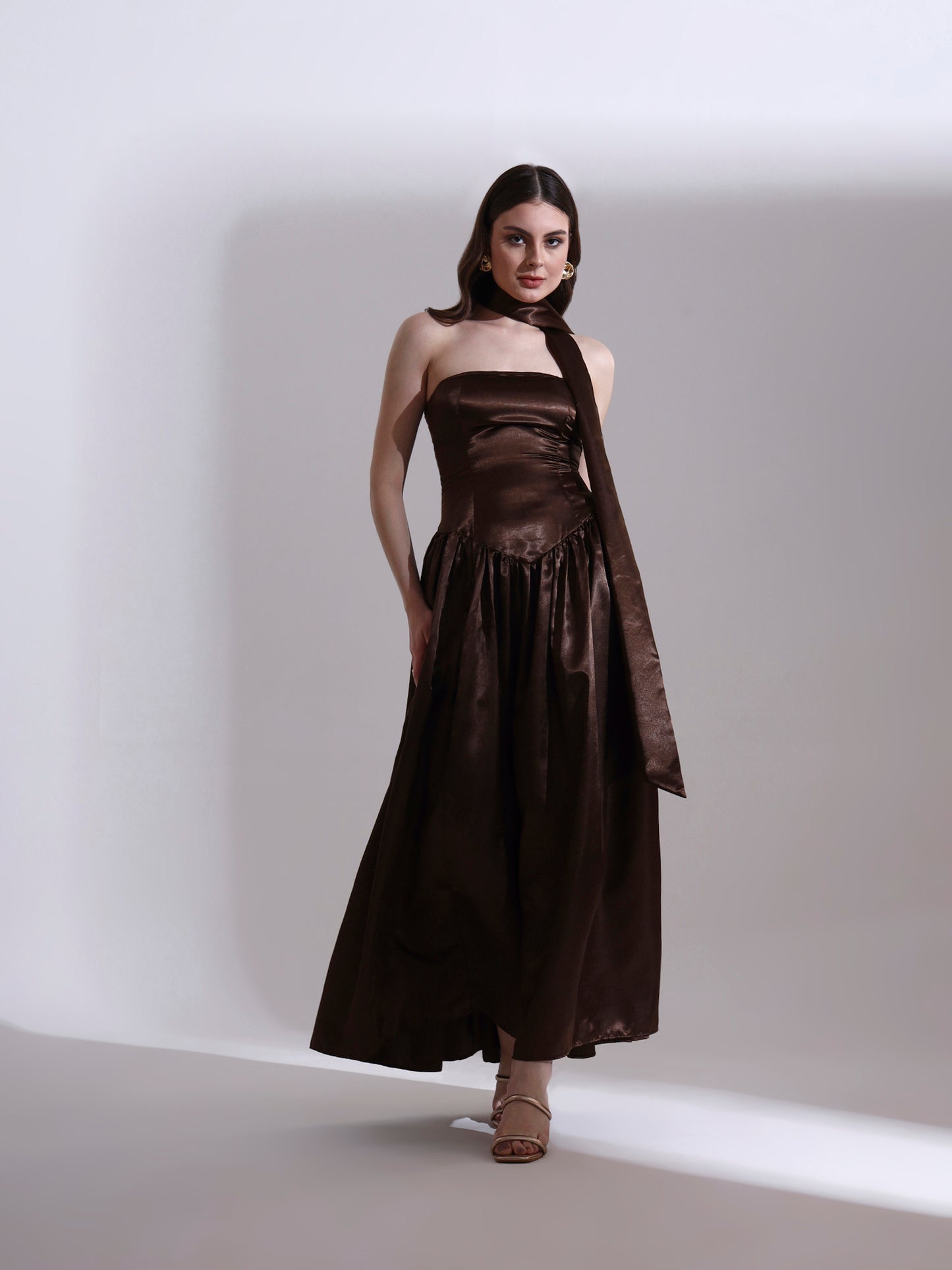 Coffee Victoria Satin Fit and Flare Dress