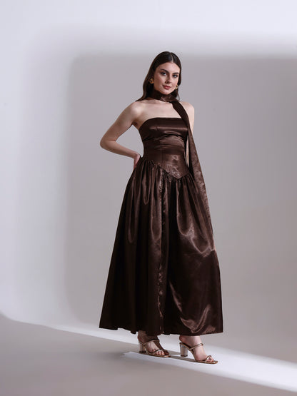 Coffee Victoria Satin Fit and Flare Dress