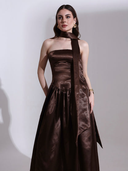 Coffee Victoria Satin Fit and Flare Dress