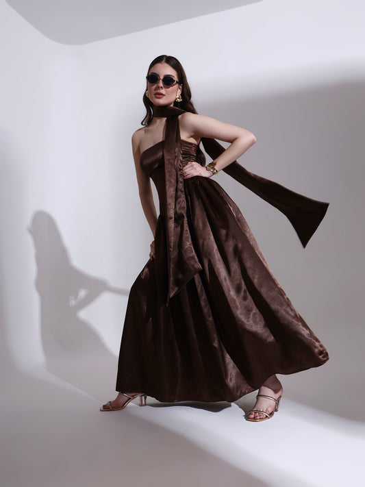 Coffee Victoria Satin Fit and Flare Dress