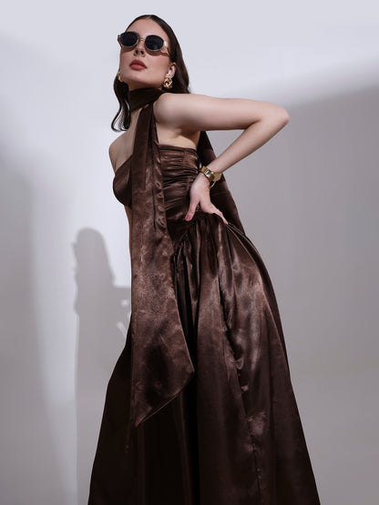 Coffee Victoria Satin Fit and Flare Dress
