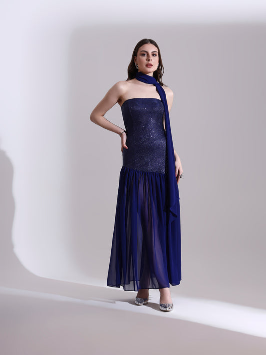 Midnight Blue Shimmer Fit and Flare Dress
