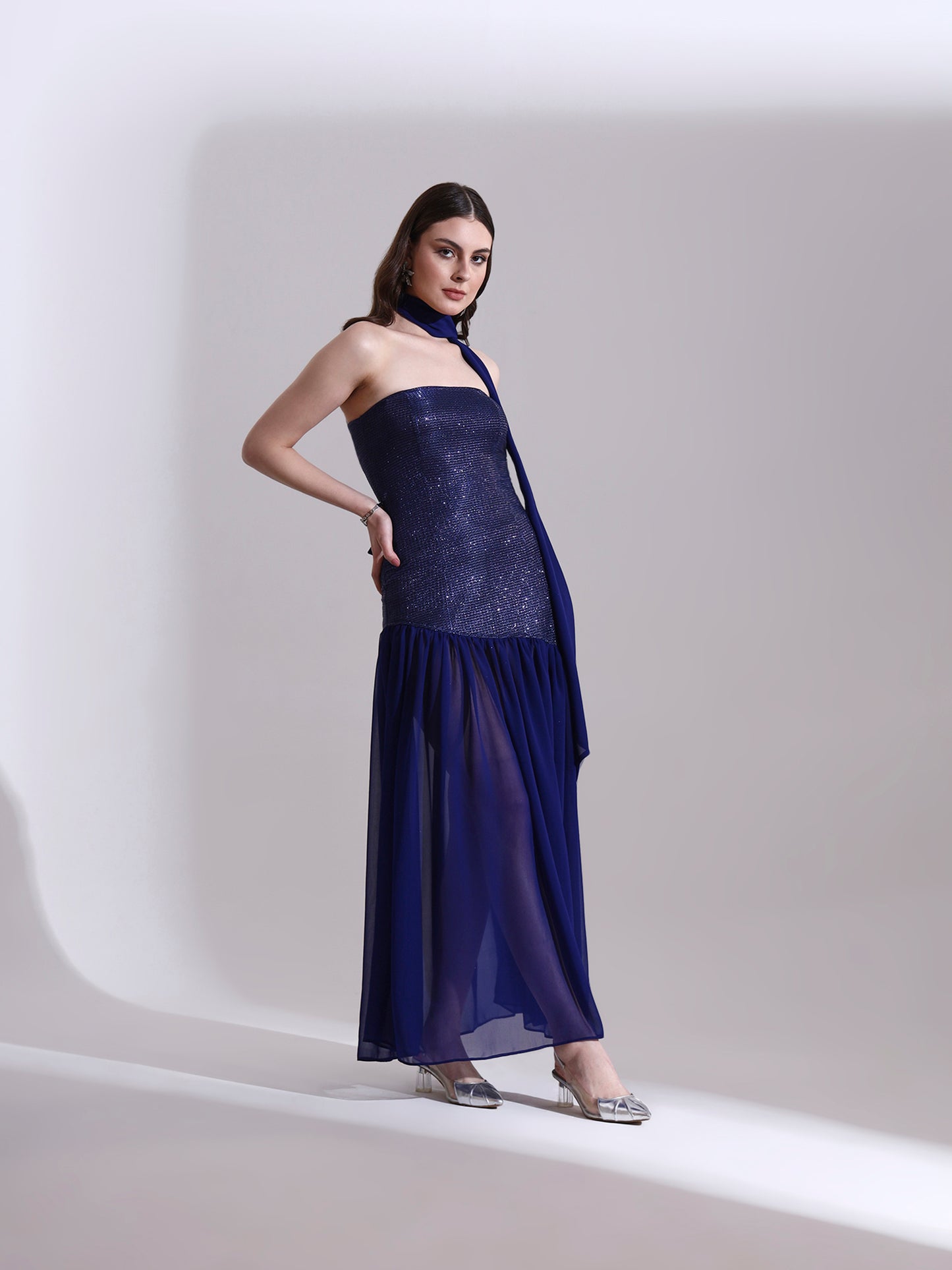 Midnight Blue Shimmer Fit and Flare Dress