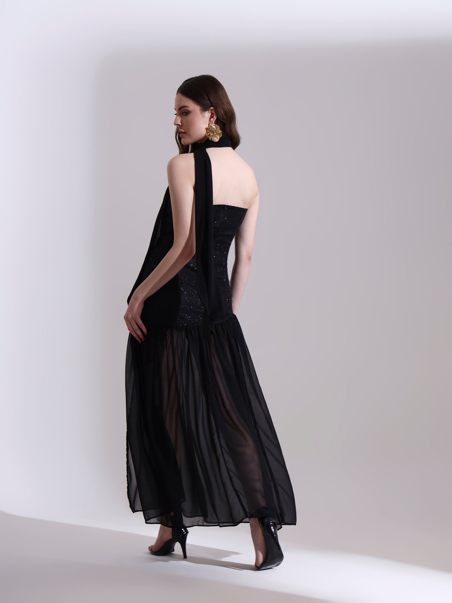 Moonlit Black Shimmer Fit and Flare Dress