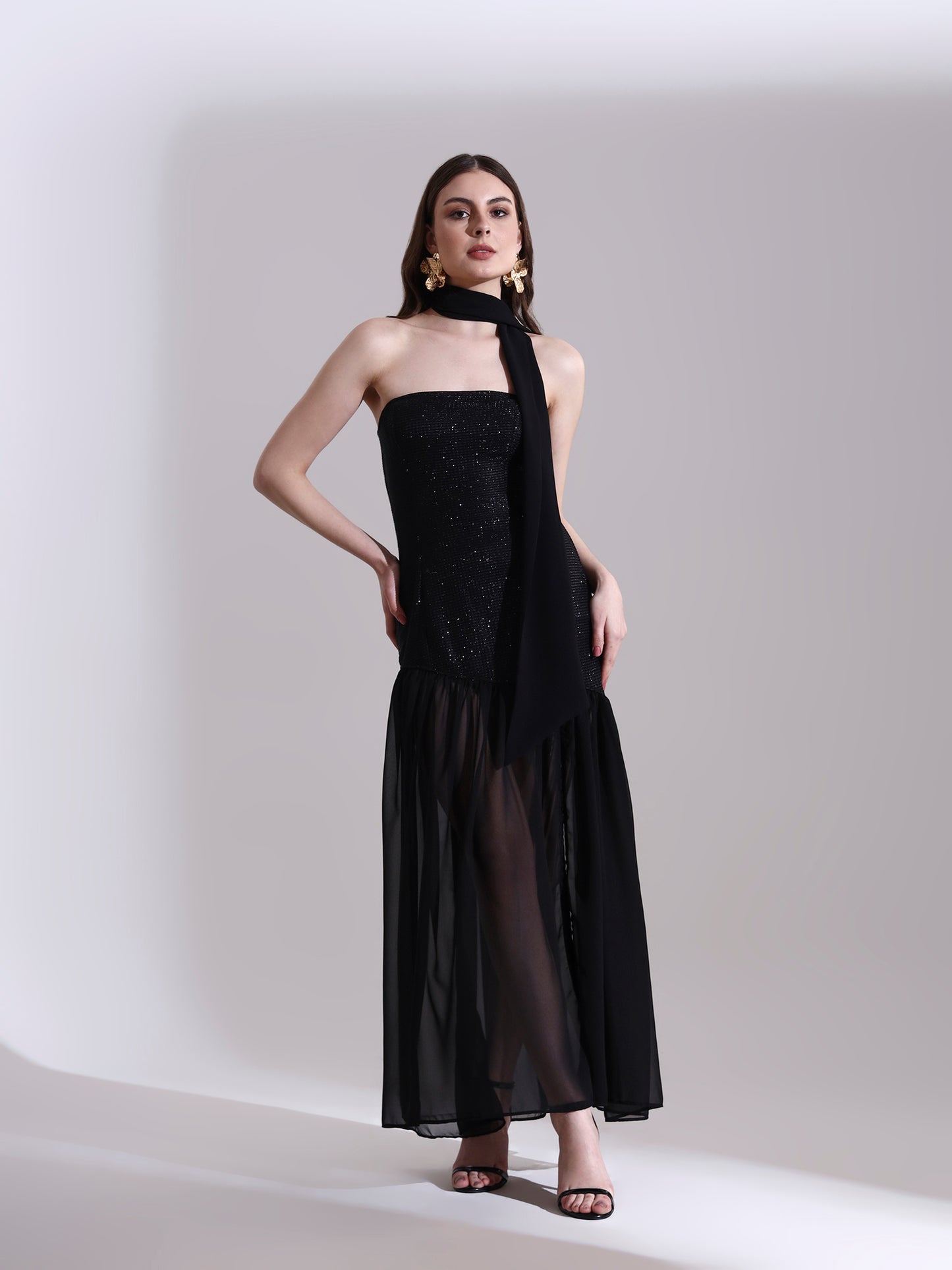 Moonlit Black Shimmer Fit and Flare Dress
