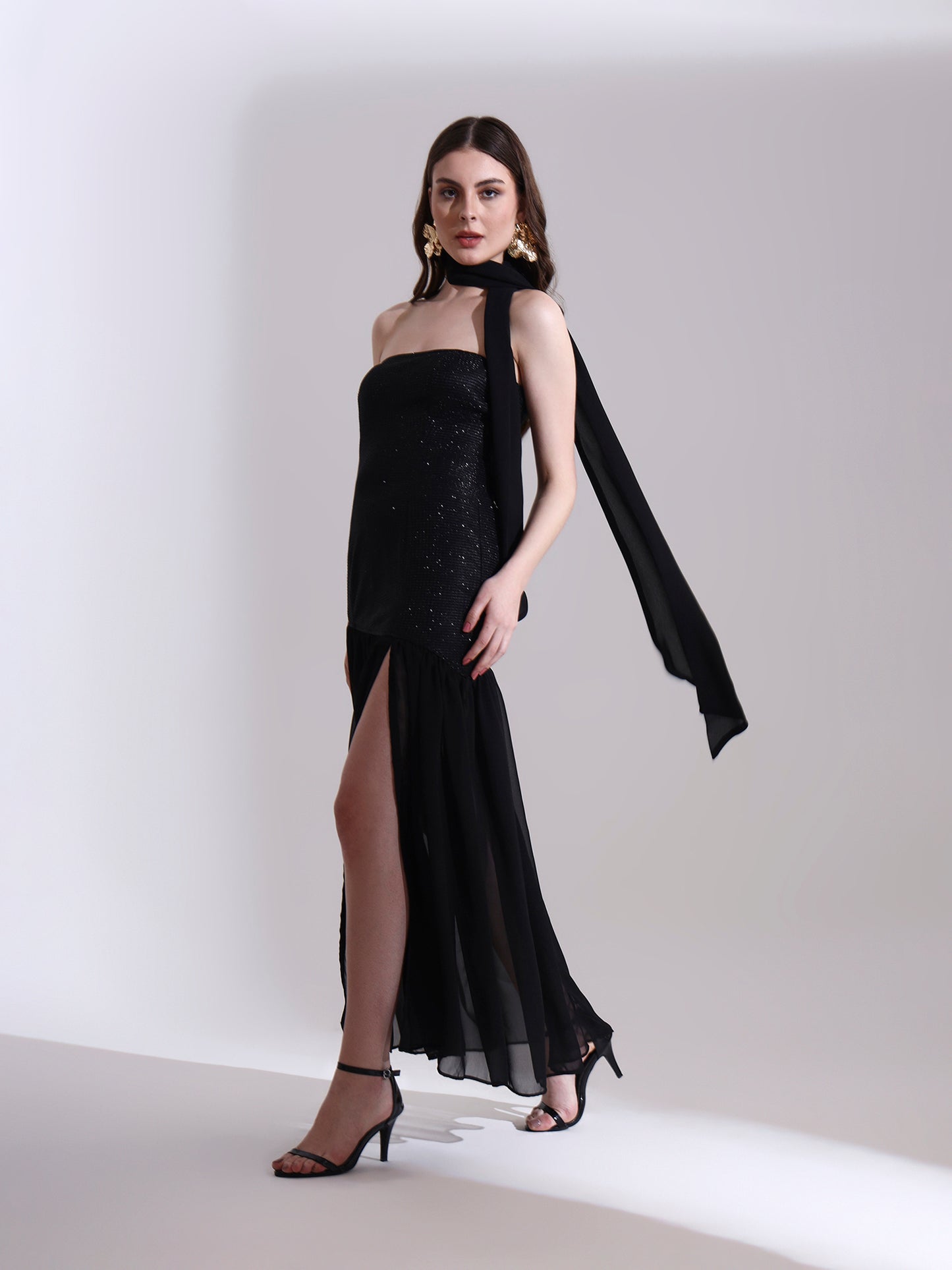 Moonlit Black Shimmer Fit and Flare Dress