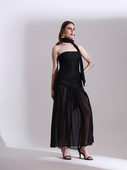 Moonlit Black Shimmer Fit and Flare Dress