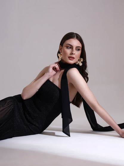 Moonlit Black Shimmer Fit and Flare Dress