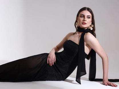 Moonlit Black Shimmer Fit and Flare Dress