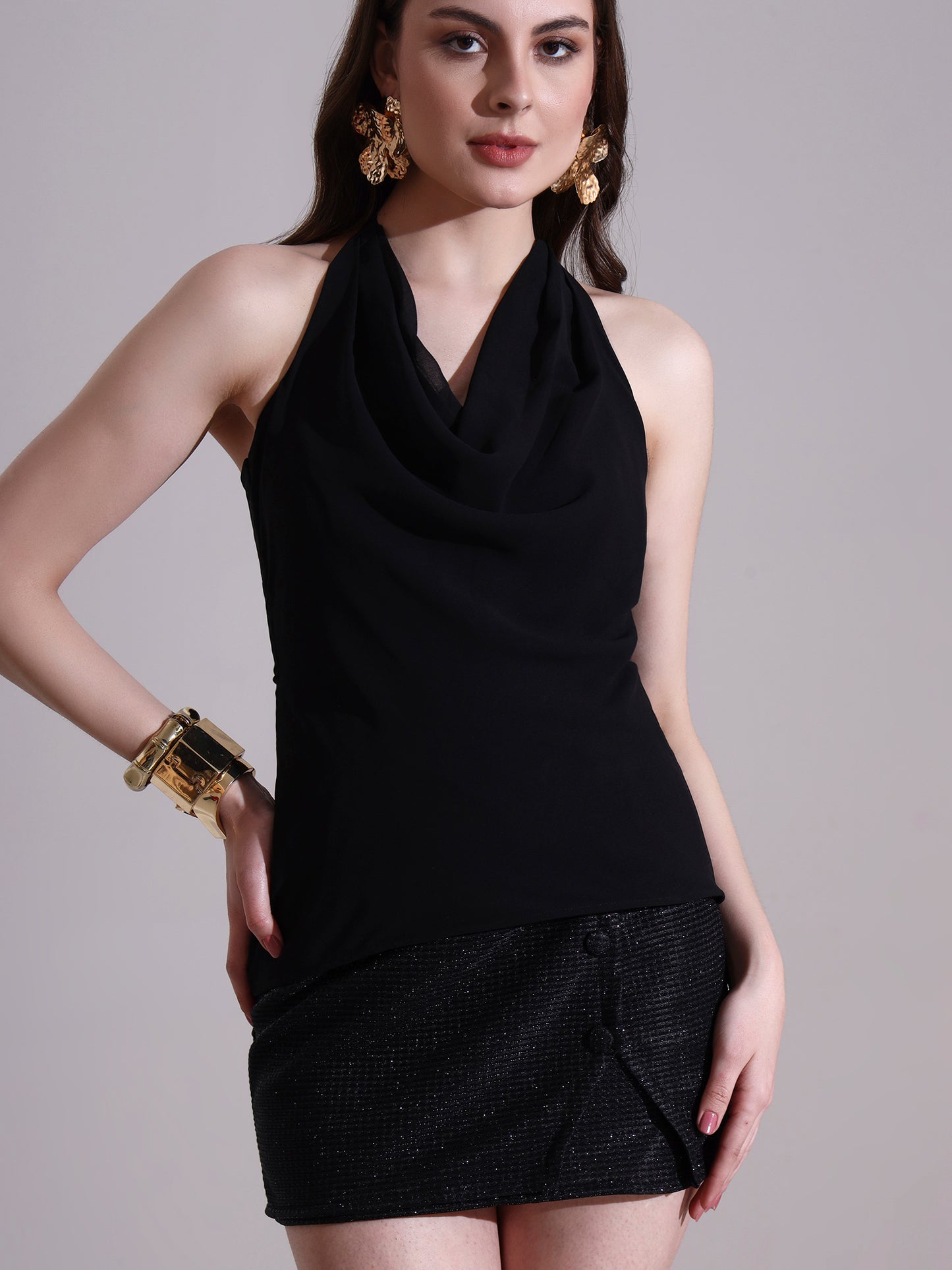 Moonlit Cowl Neck Top with Shimmer Mini Skirt