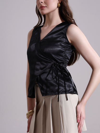 Black Satin Warp Tie-up Top