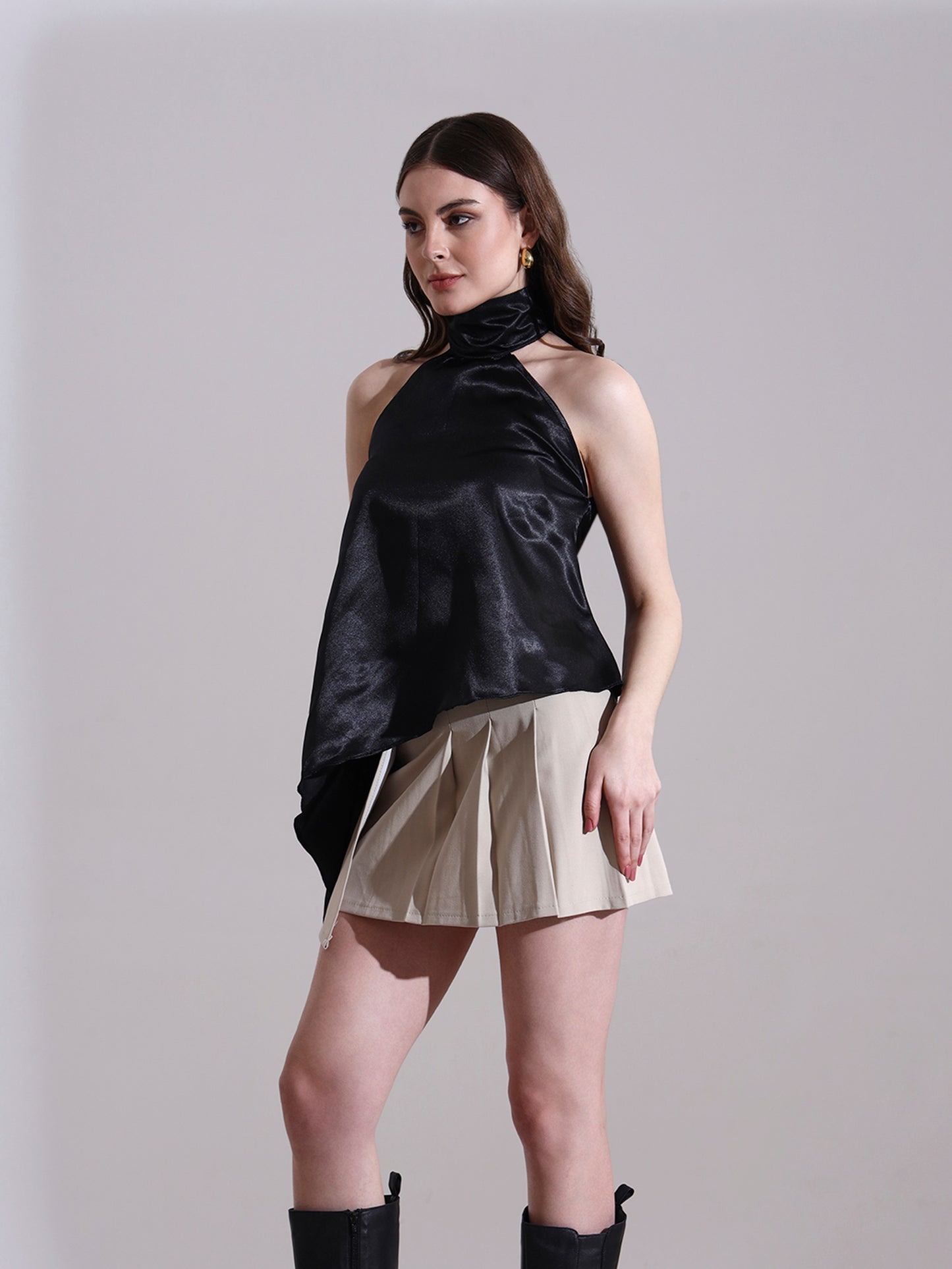 Black Satin Asymmetric Halter Neck Top