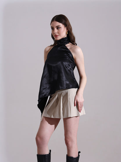 Black Satin Asymmetric Halter Neck Top