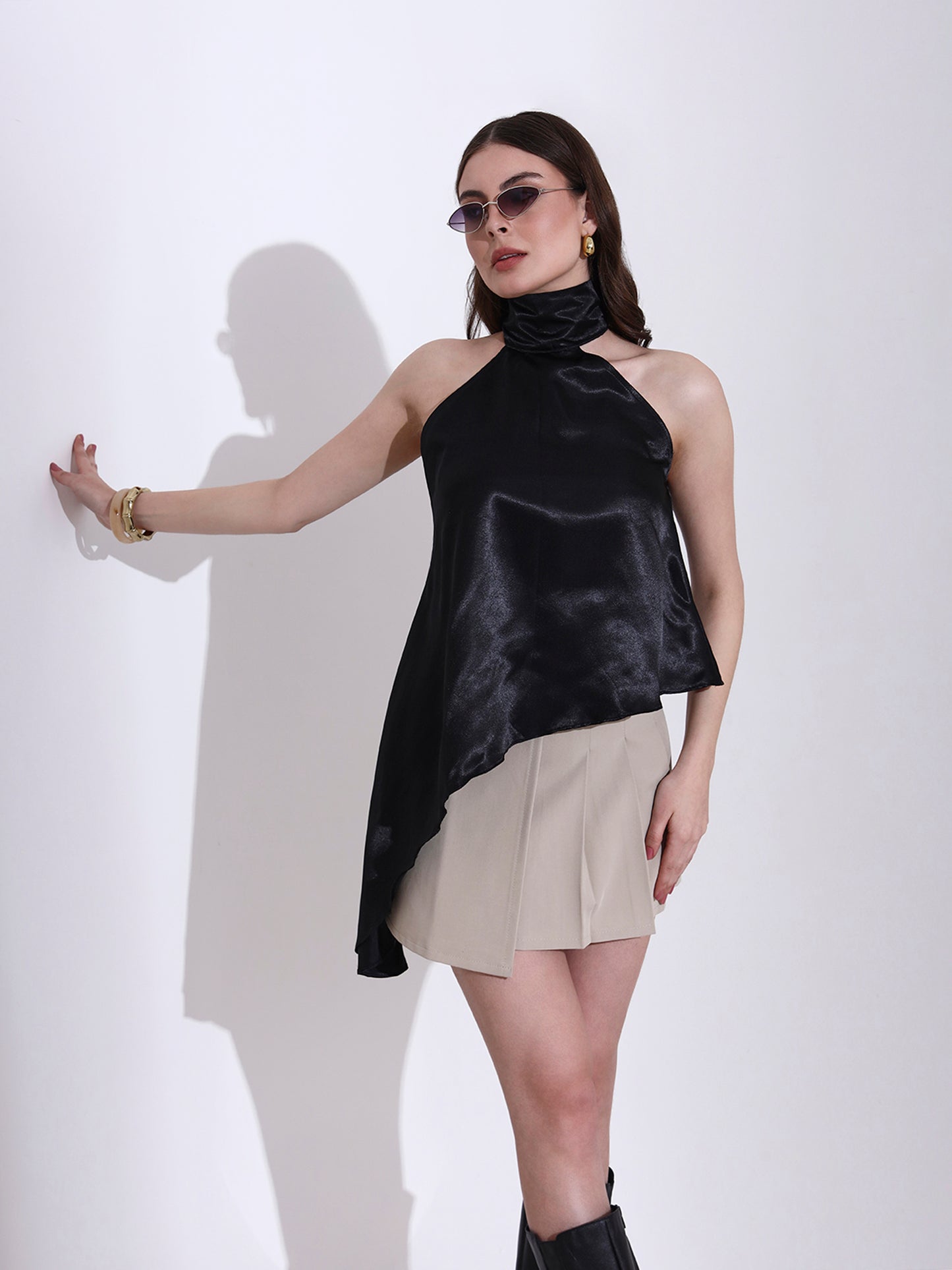 Black Satin Asymmetric Halter Neck Top