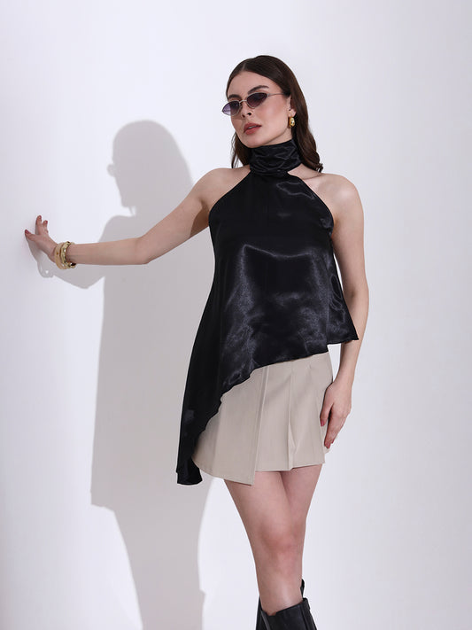 Black Satin Asymmetric Halter Neck Top