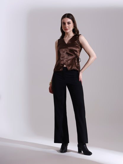Coffee Satin Warp Tie-up Top
