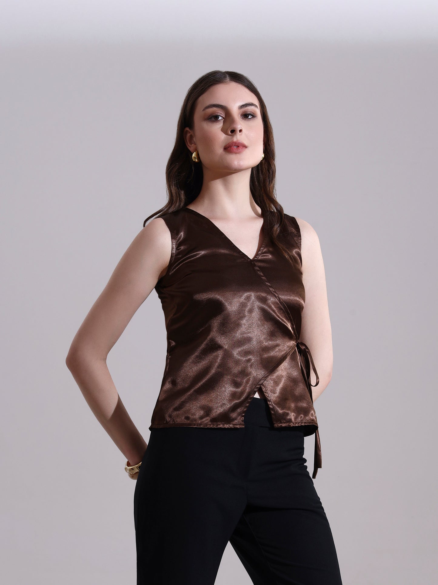 Coffee Satin Warp Tie-up Top