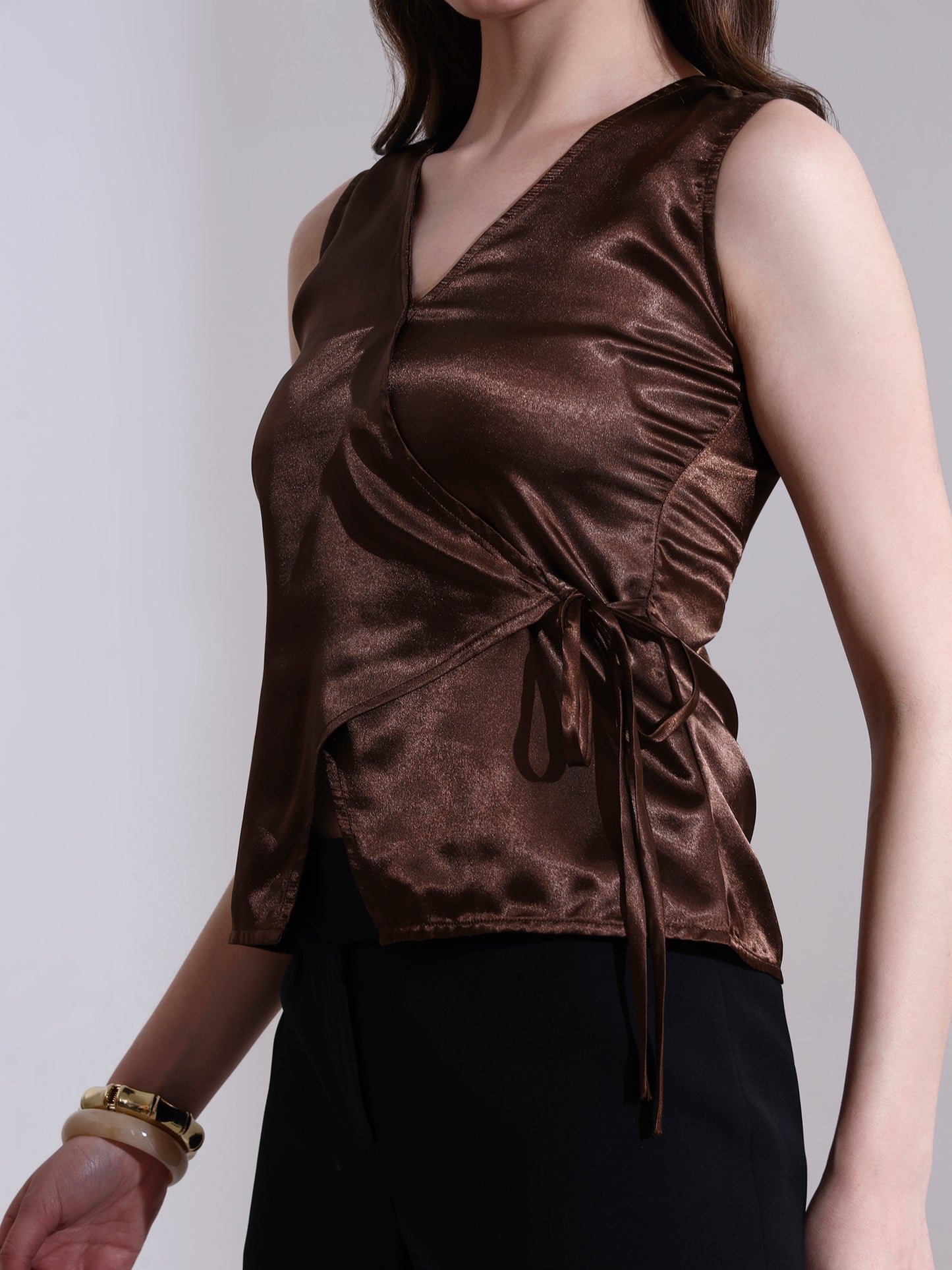 Coffee Satin Warp Tie-up Top