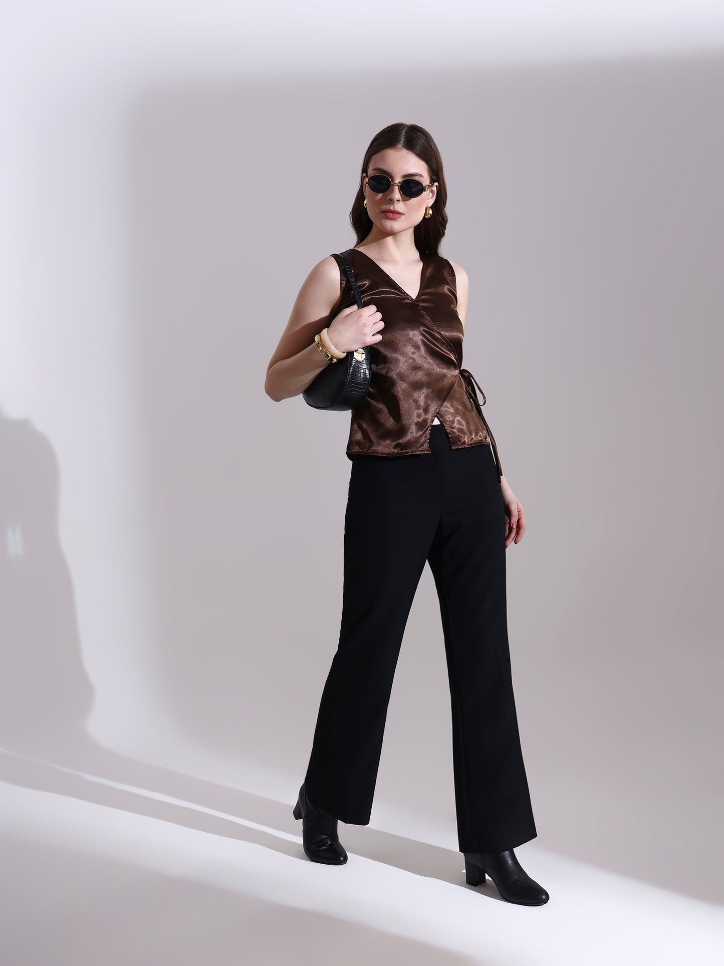 Coffee Satin Warp Tie-up Top