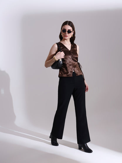 Coffee Satin Warp Tie-up Top