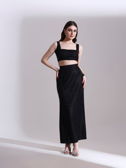 Moonlit Black Shimmer Top and Skirt Set