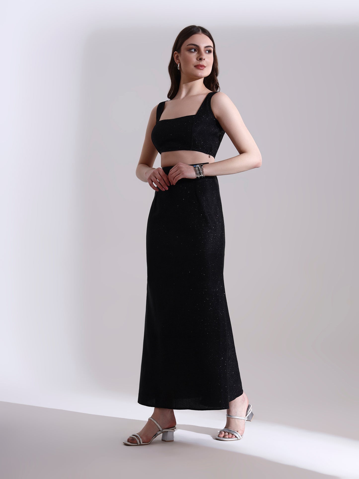 Moonlit Black Shimmer Top and Skirt Set