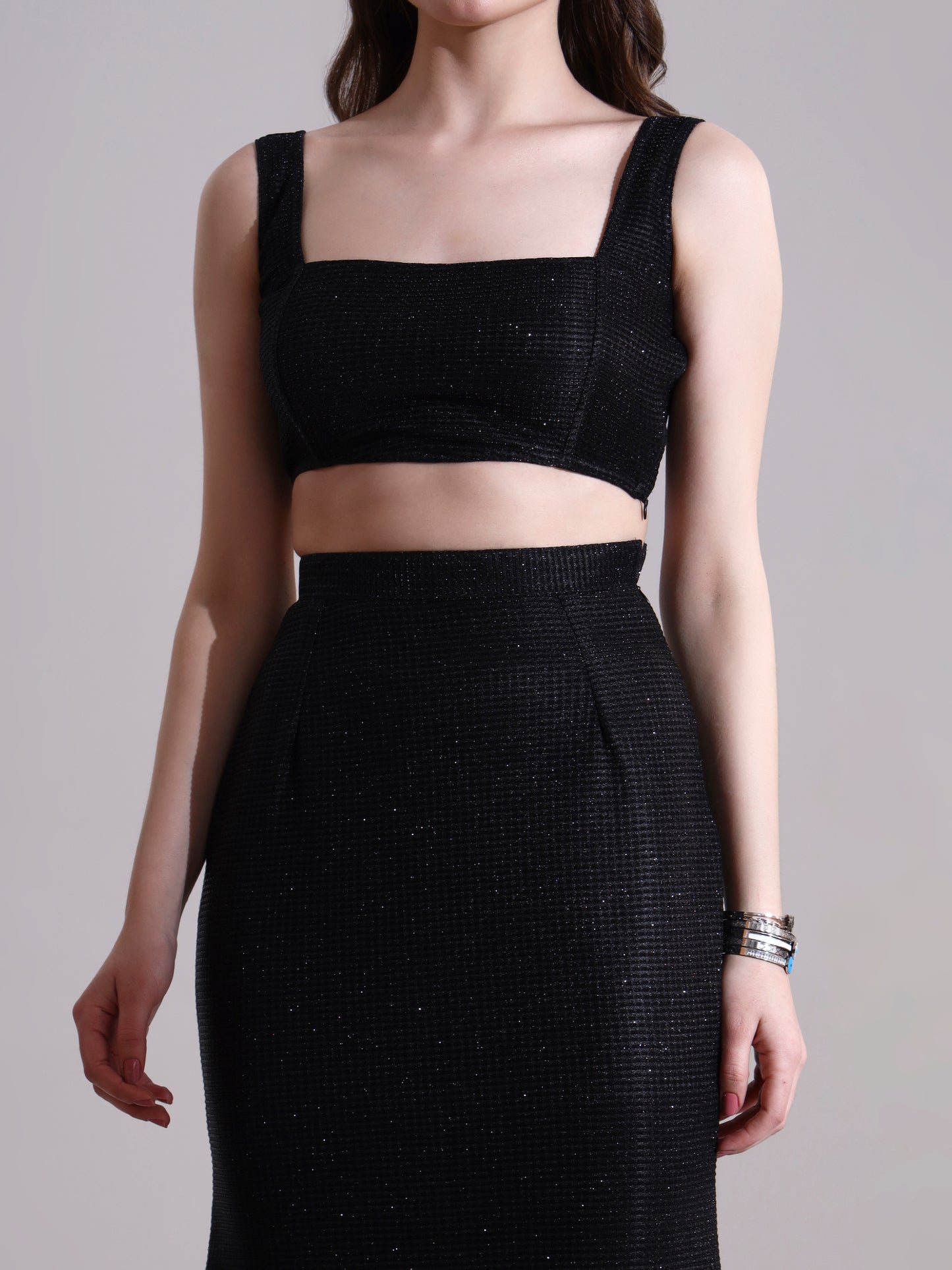 Moonlit Black Shimmer Top and Skirt Set