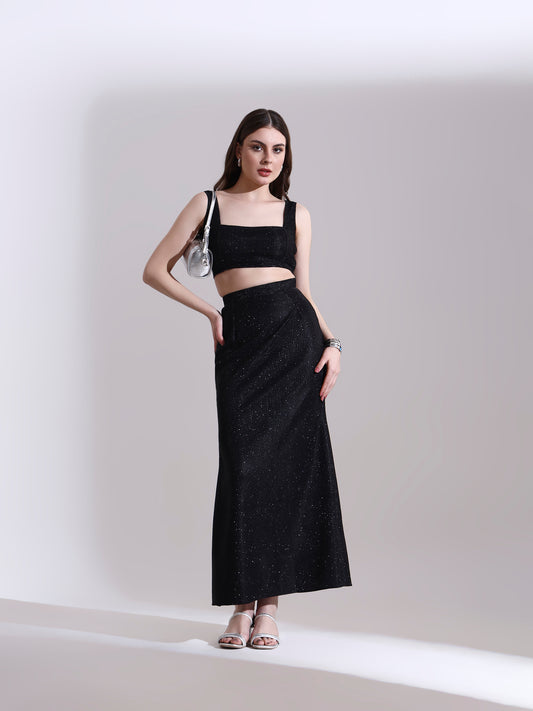 Moonlit Black Shimmer Top and Skirt Set