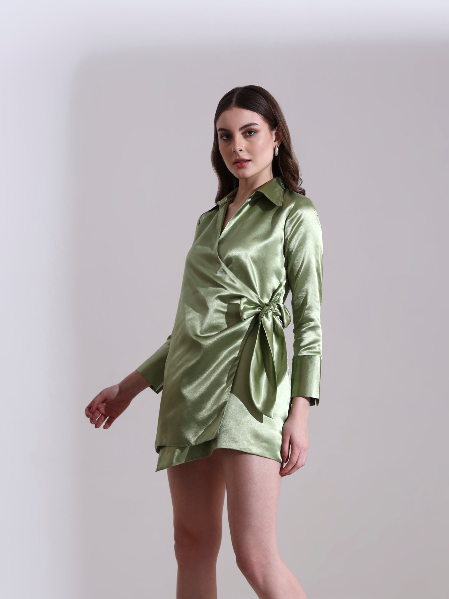 Sage Satin Tie-up Mini Dress