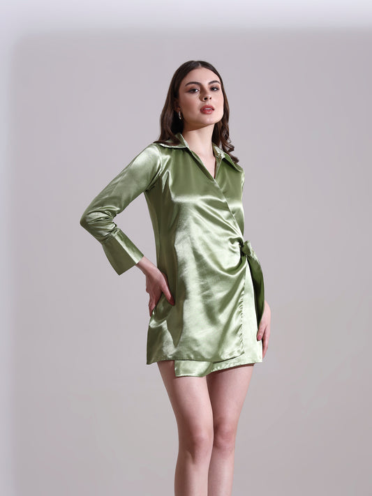 Sage Satin Tie-up Mini Dress