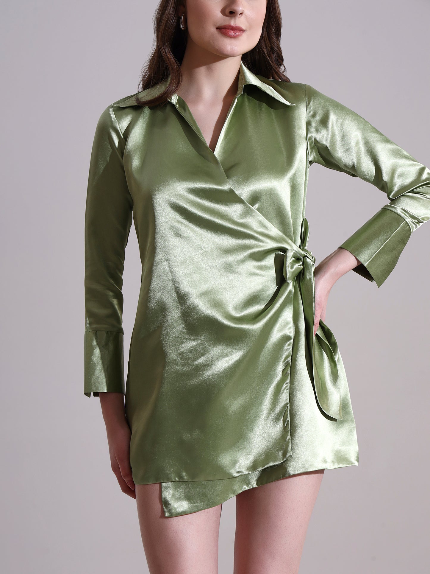 Sage Satin Tie-up Mini Dress