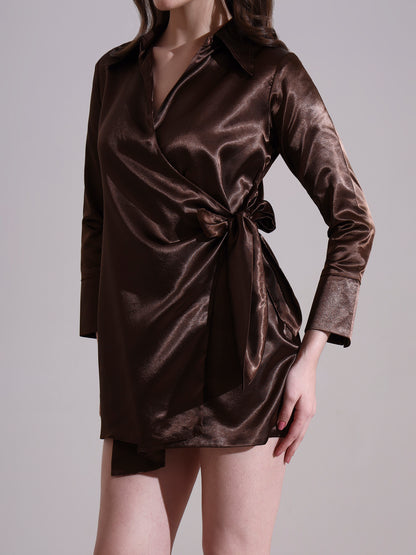 Coffee Brown Satin Tie-up Mini Dress