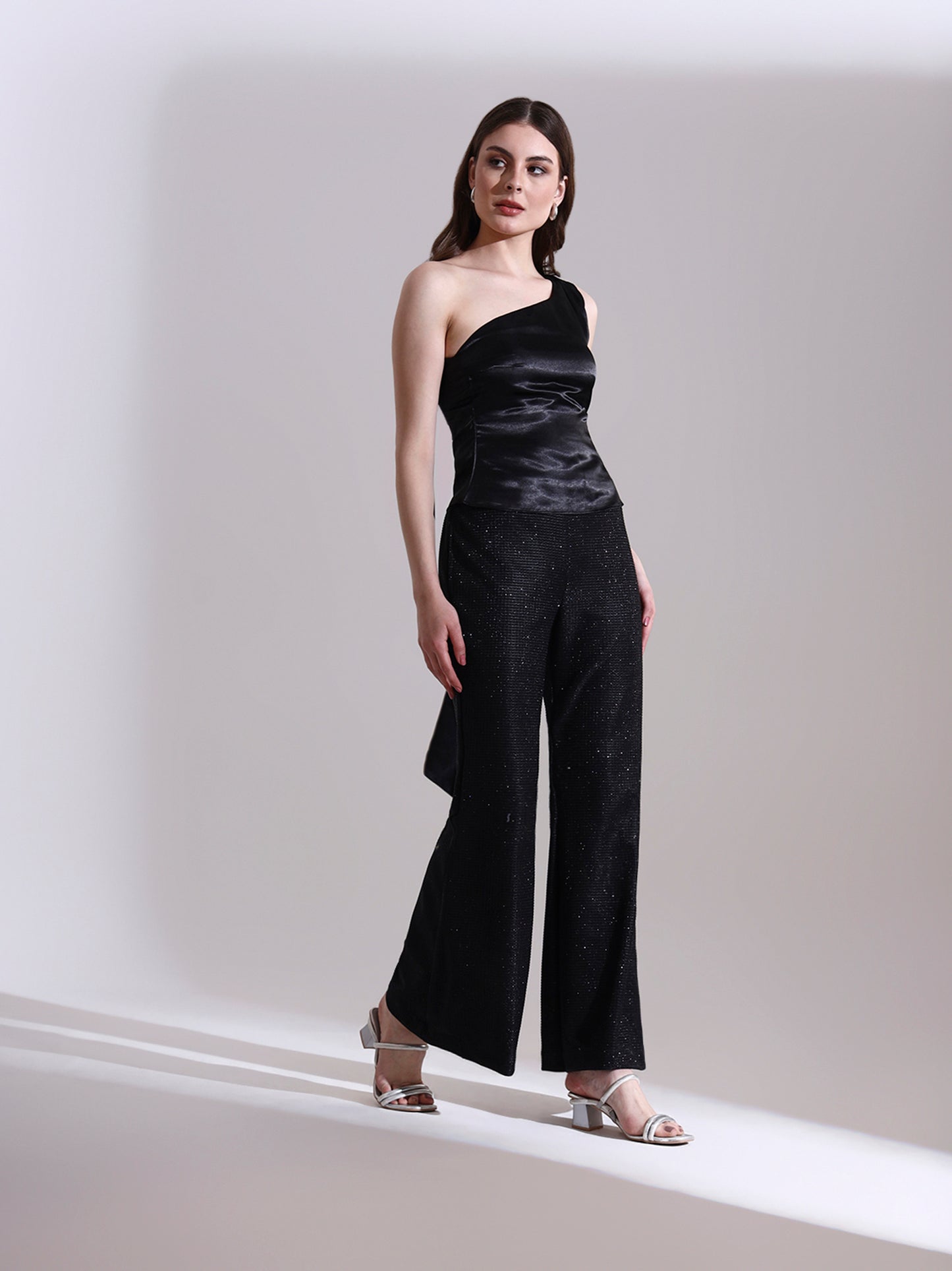 Moonlit Satin Asymmetric Top with Shimmer Pants