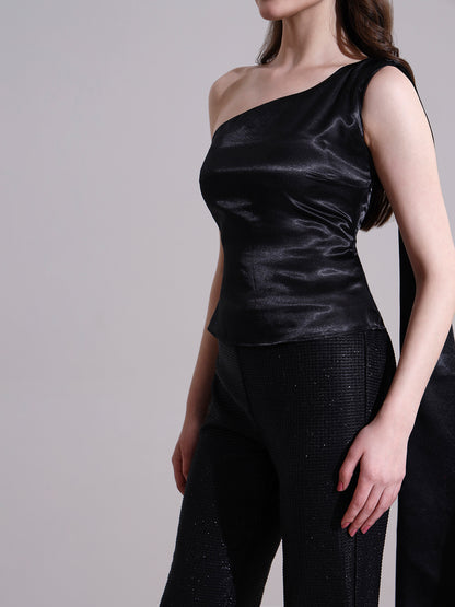 Moonlit Satin Asymmetric Top with Shimmer Pants