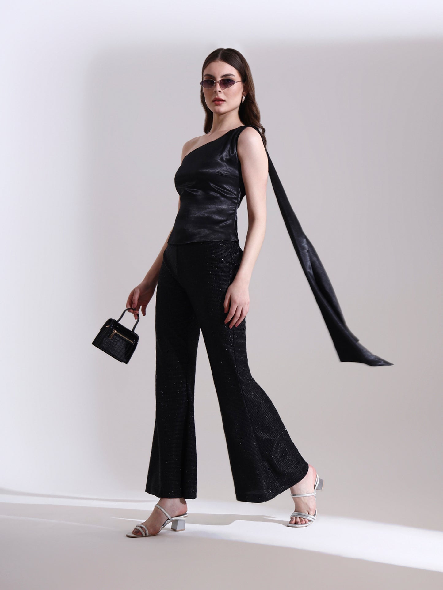 Moonlit Satin Asymmetric Top with Shimmer Pants