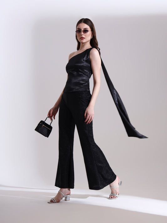 Moonlit Satin Asymmetric Top with Shimmer Pants